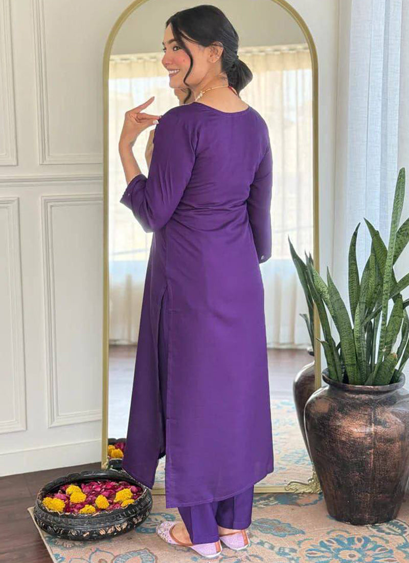 Purple Cotton Blend Embroidered Ceremonial Kurta Set