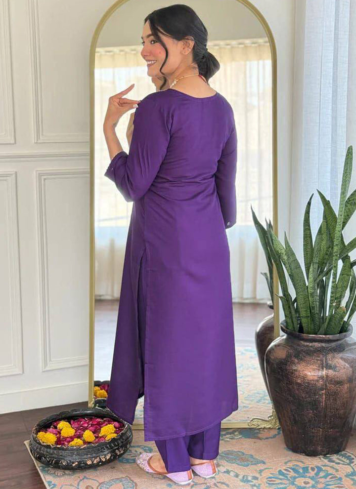 Purple Cotton Blend Embroidered Ceremonial Kurta Set