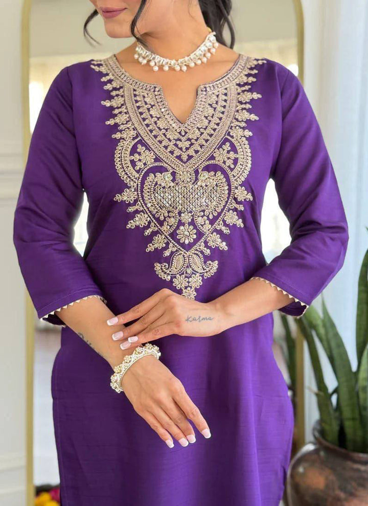 Purple Cotton Blend Embroidered Ceremonial Kurta Set