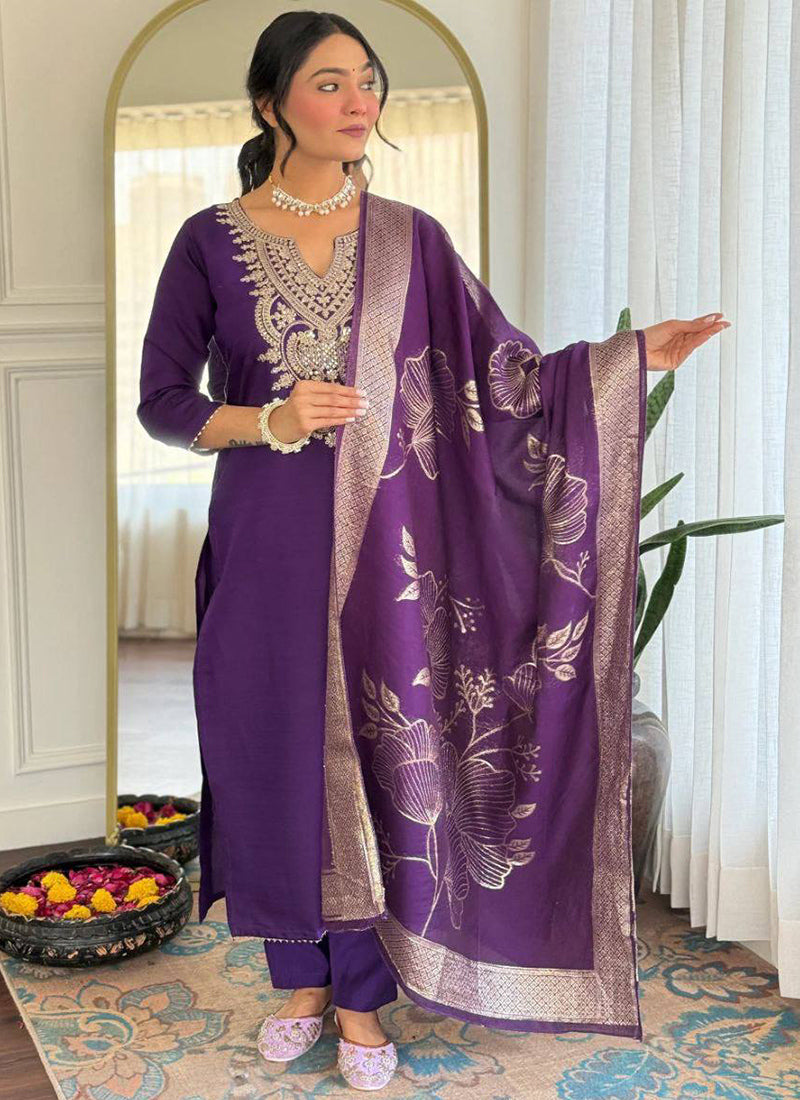 Purple Cotton Blend Embroidered Ceremonial Kurta Set