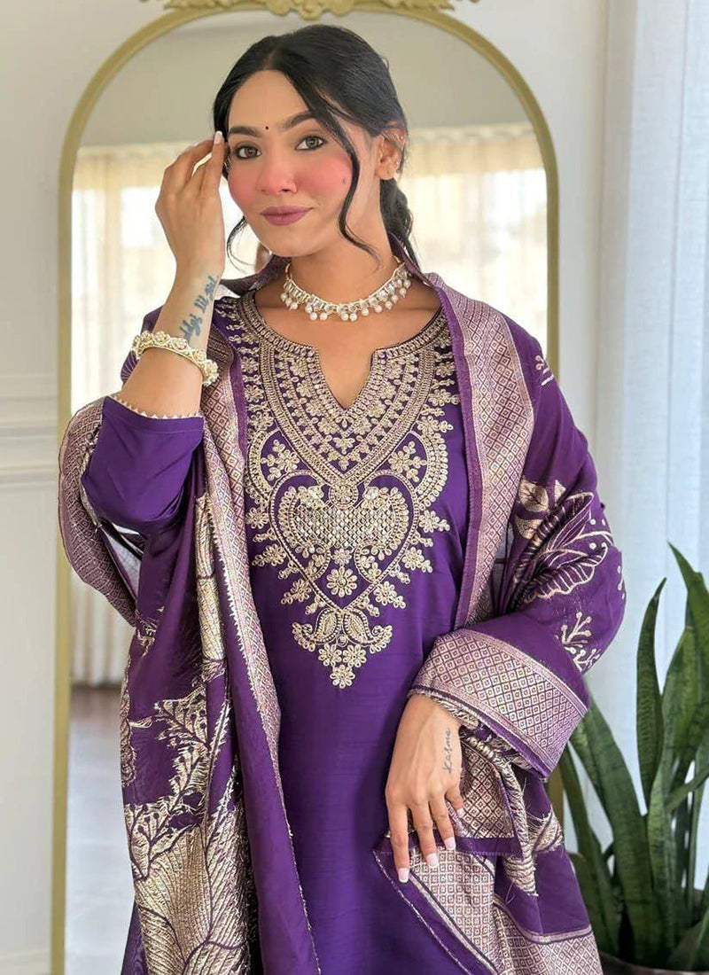 Purple Cotton Blend Embroidered Ceremonial Kurta Set