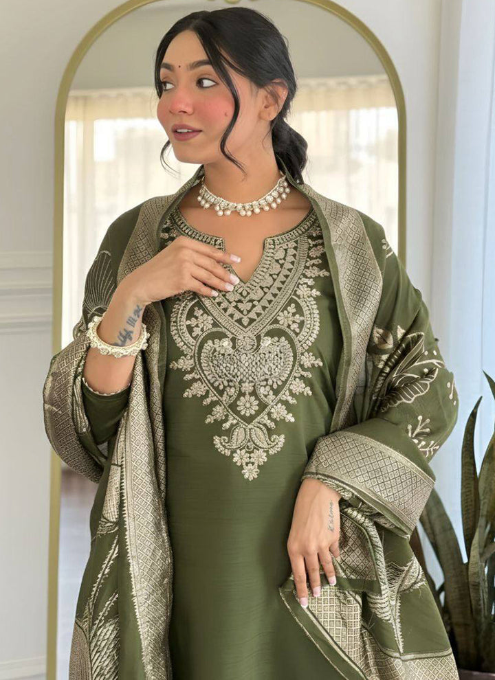 Green Cotton Blend Embroidered Ceremonial Kurta Set