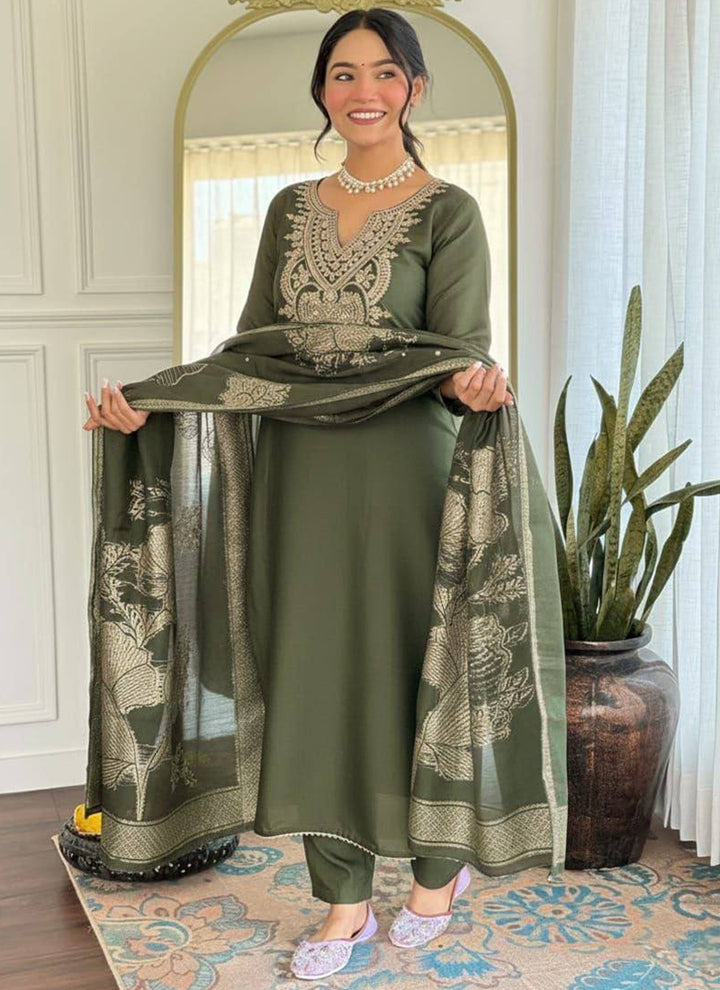 Green Cotton Blend Embroidered Ceremonial Kurta Set
