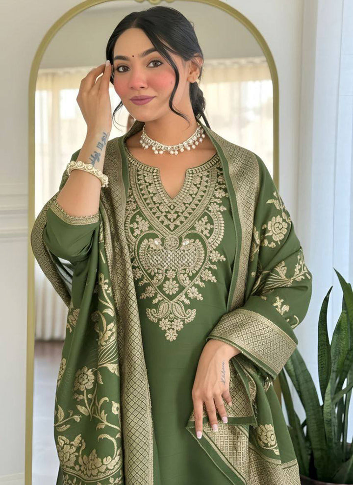 Green Cotton Blend Embroidered Ceremonial Kurta Set