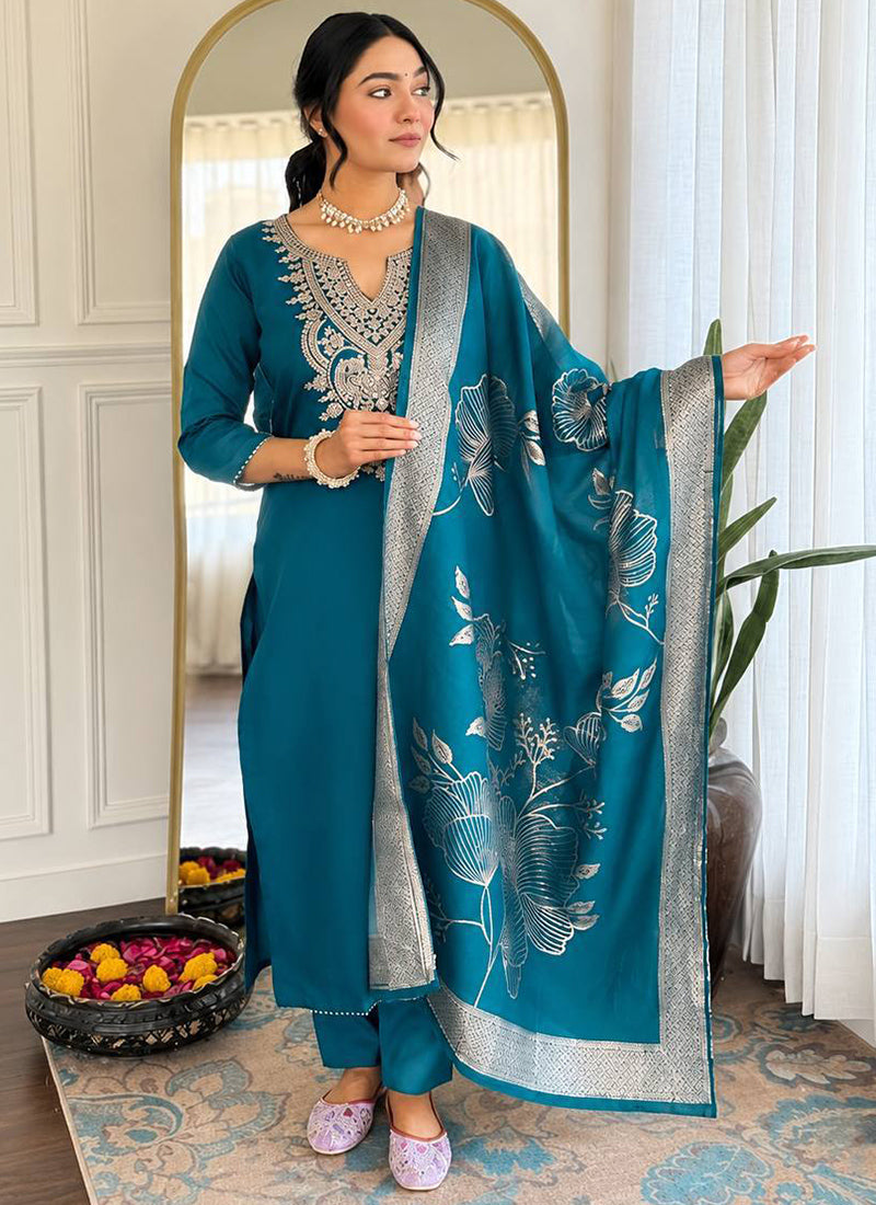Teal Cotton Blend Embroidered Ceremonial Kurta Set