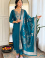 Teal Cotton Blend Embroidered Ceremonial Kurta Set