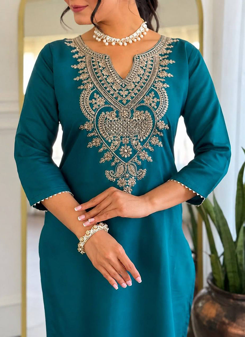 Teal Cotton Blend Embroidered Ceremonial Kurta Set