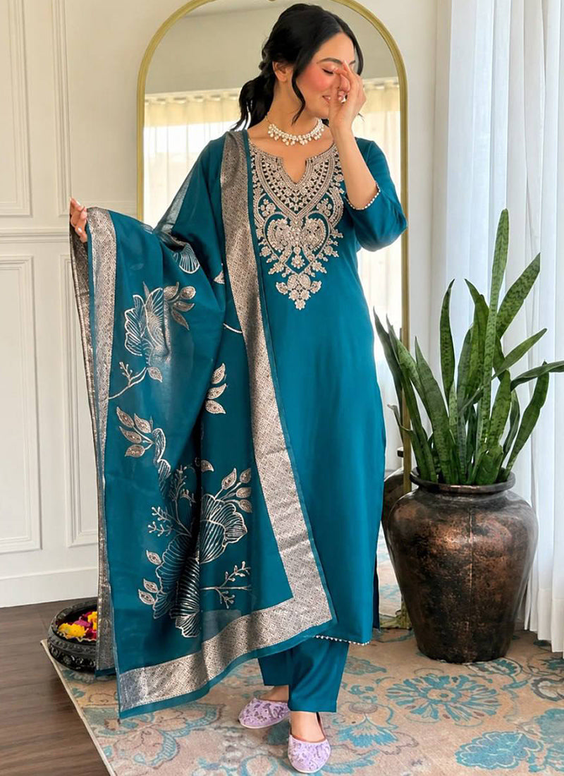 Teal Cotton Blend Embroidered Ceremonial Kurta Set
