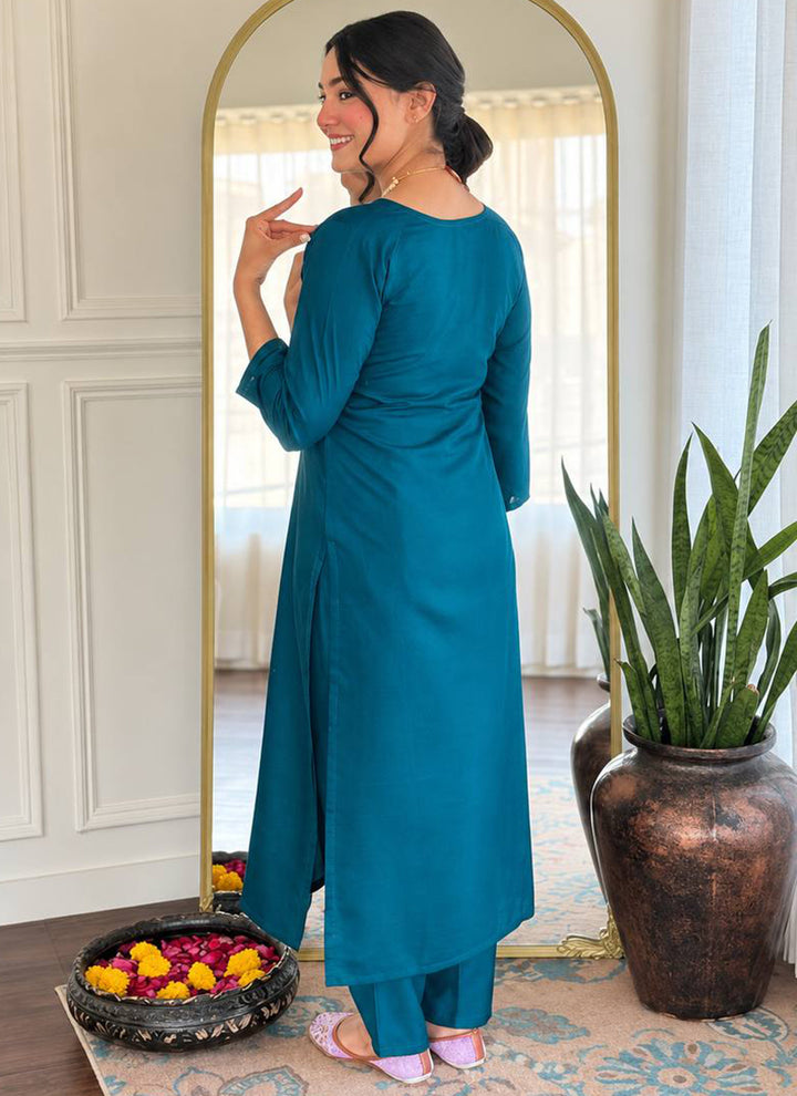 Teal Cotton Blend Embroidered Ceremonial Kurta Set