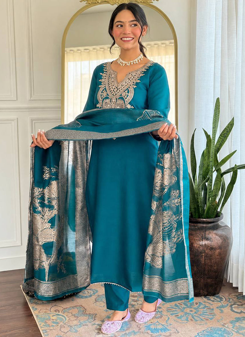 Teal Cotton Blend Embroidered Ceremonial Kurta Set