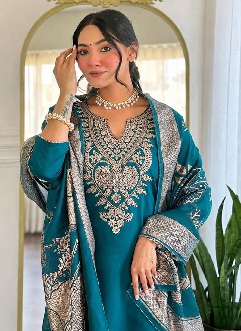 Teal Cotton Blend Embroidered Ceremonial Kurta Set