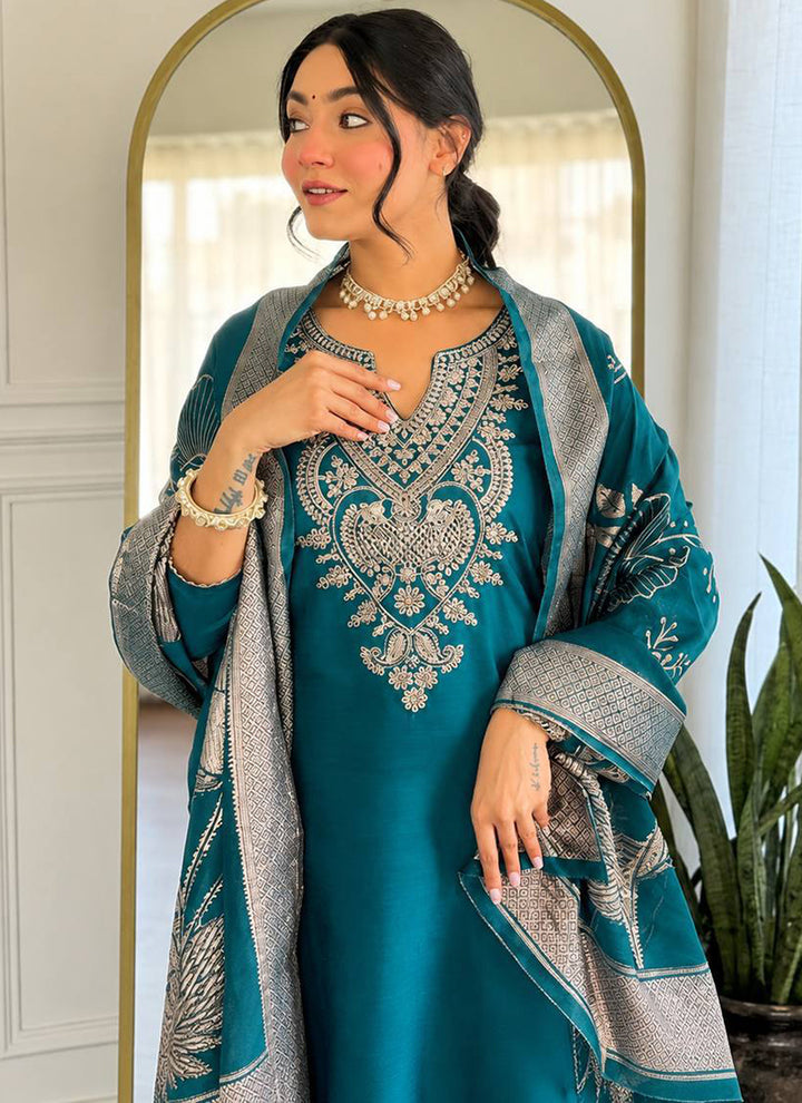 Teal Cotton Blend Embroidered Ceremonial Kurta Set
