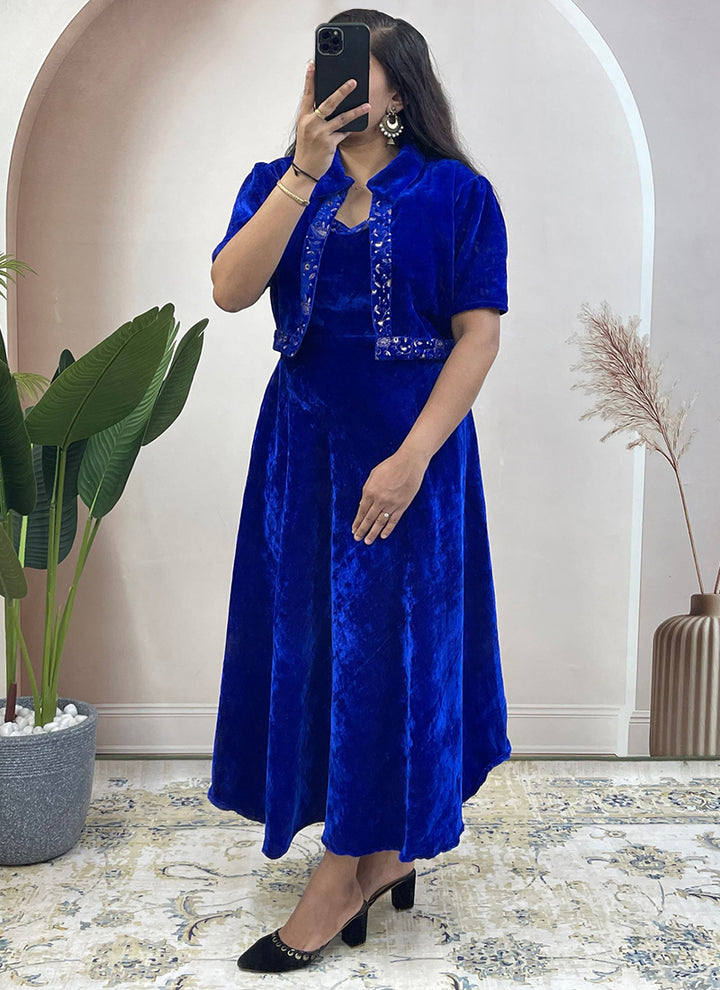 Blue Embroidered Velvet Ceremonial Koti Gown