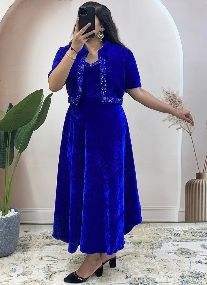 Blue Embroidered Velvet Ceremonial Koti Gown
