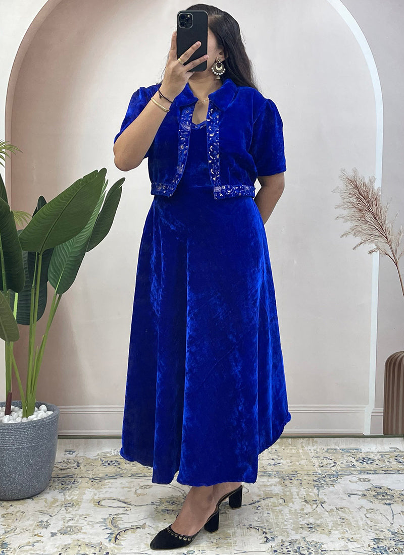 Blue Embroidered Velvet Ceremonial Koti Gown