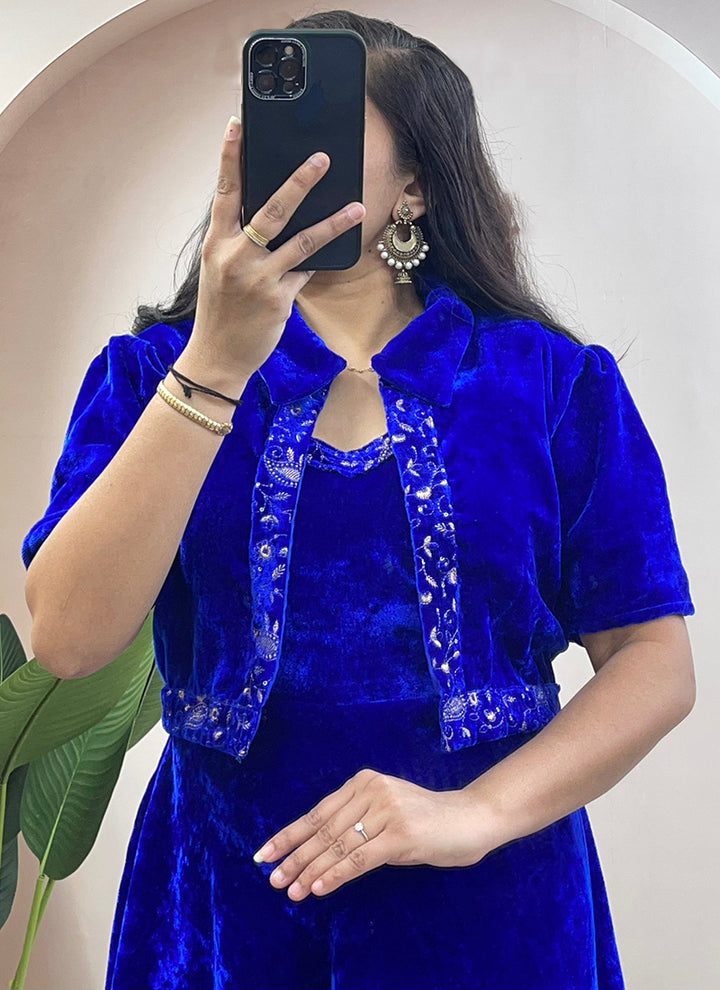 Blue Embroidered Velvet Ceremonial Koti Gown