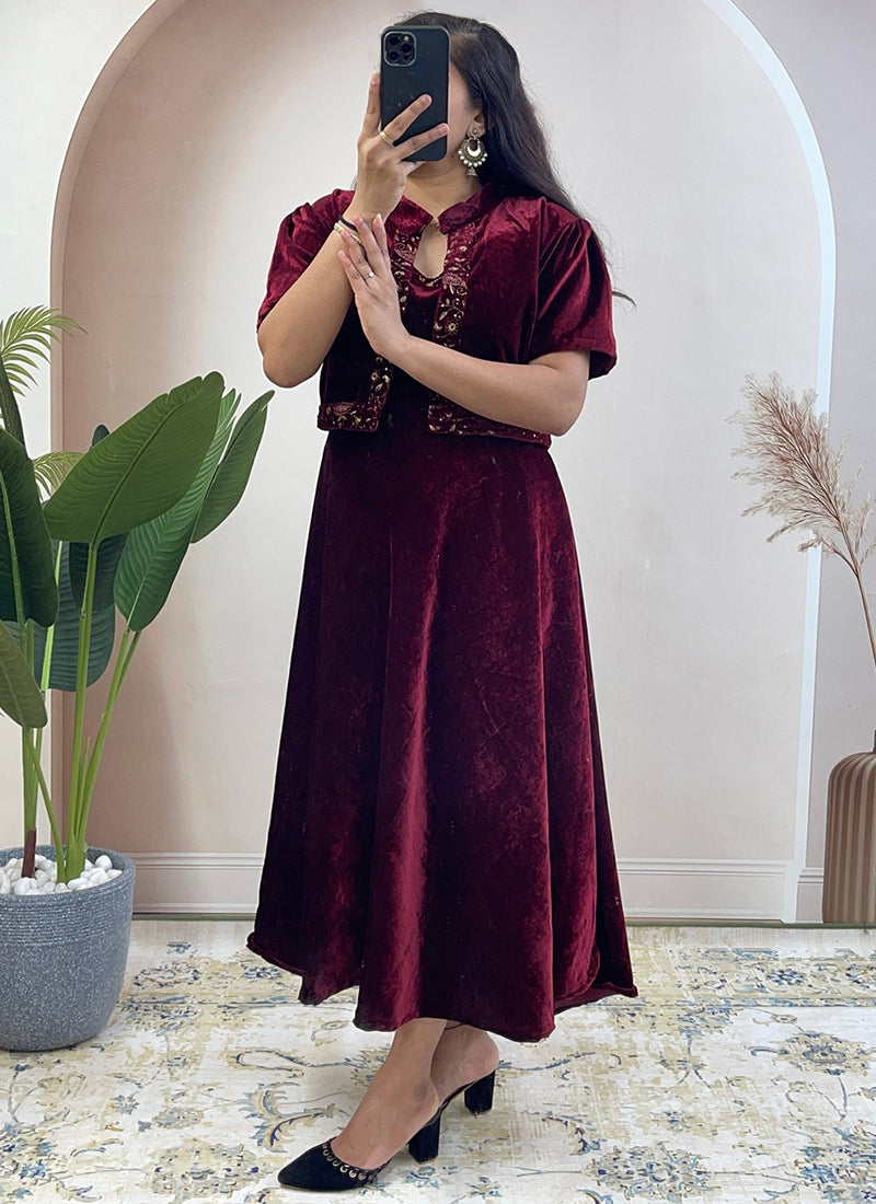 Maroon Embroidered Velvet Ceremonial Koti Gown