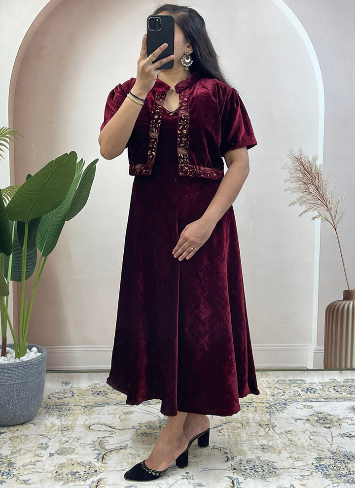 Maroon Embroidered Velvet Ceremonial Koti Gown