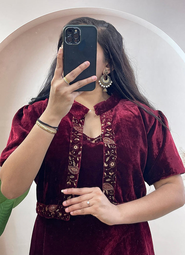 Maroon Embroidered Velvet Ceremonial Koti Gown