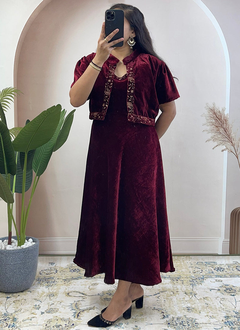 Maroon Embroidered Velvet Ceremonial Koti Gown