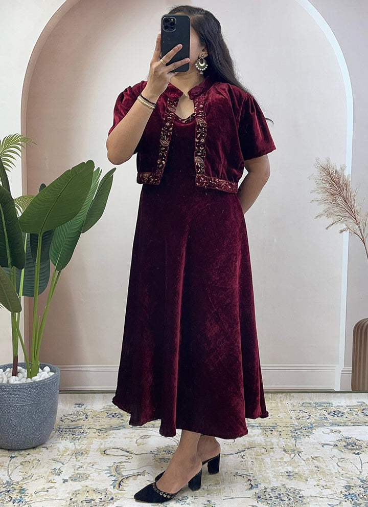 Maroon Embroidered Velvet Ceremonial Koti Gown