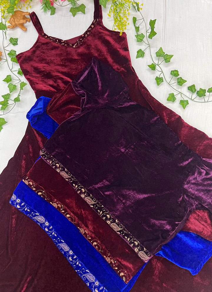 Maroon Embroidered Velvet Ceremonial Koti Gown