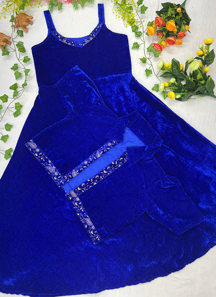 Blue Embroidered Velvet Ceremonial Koti Gown