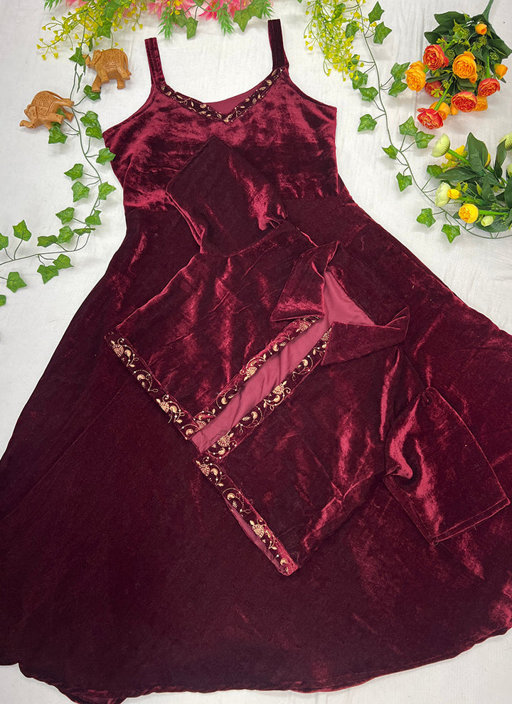 Maroon Embroidered Velvet Ceremonial Koti Gown