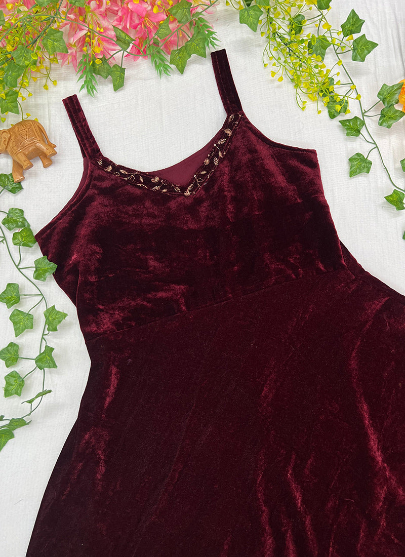Maroon Embroidered Velvet Ceremonial Koti Gown