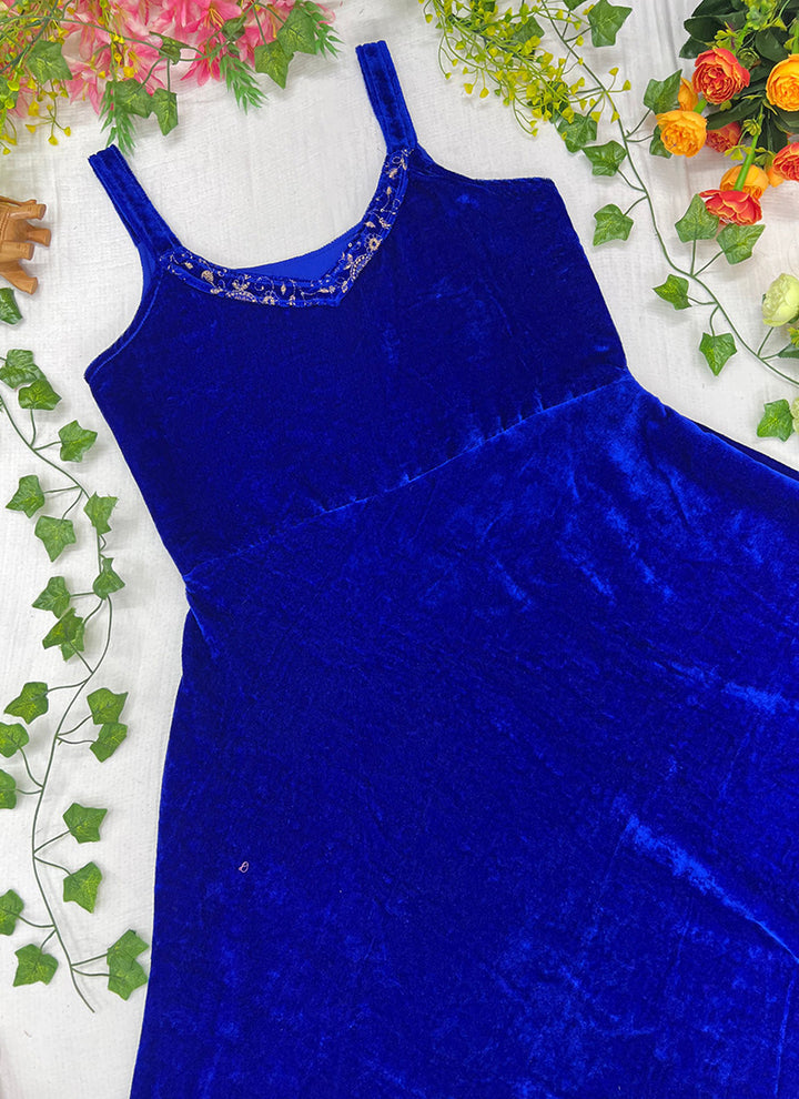Blue Embroidered Velvet Ceremonial Koti Gown