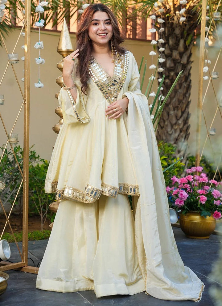 Off White French Crepe Embroidered Sharara Style Kurta Set