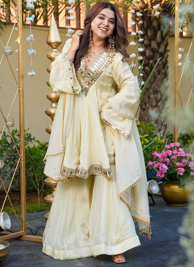 Off White French Crepe Embroidered Sharara Style Kurta Set