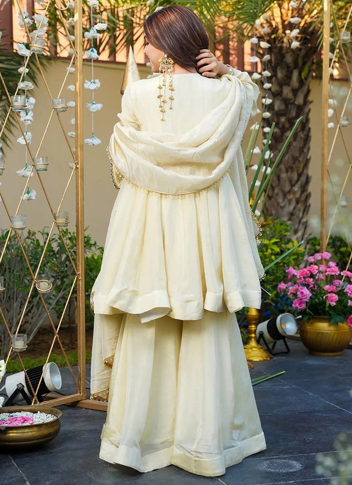 Off White French Crepe Embroidered Sharara Style Kurta Set