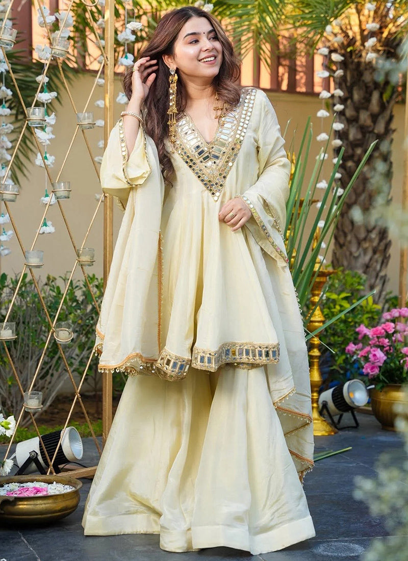 Off White French Crepe Embroidered Sharara Style Kurta Set