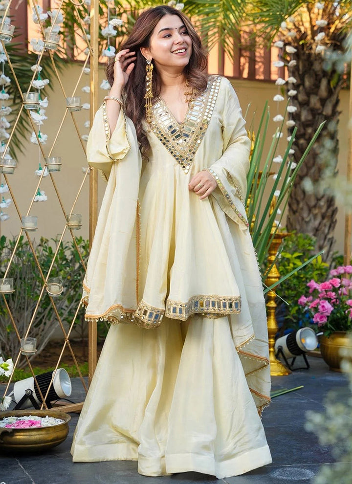 Off White French Crepe Embroidered Sharara Style Kurta Set