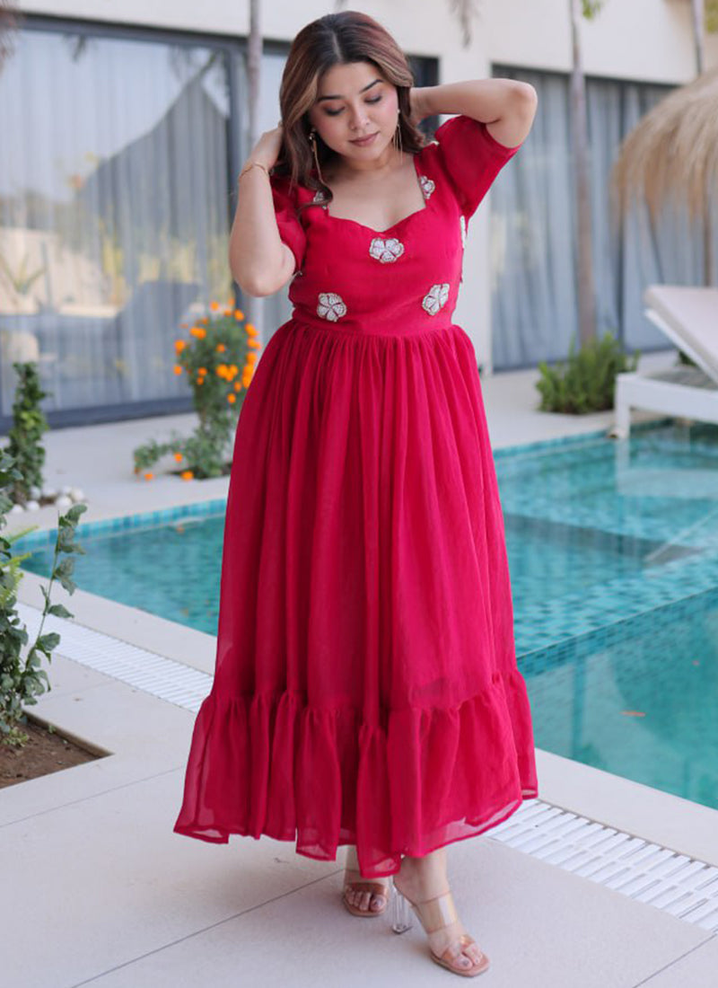 Pink Embroidered Silk Party Wear Gown