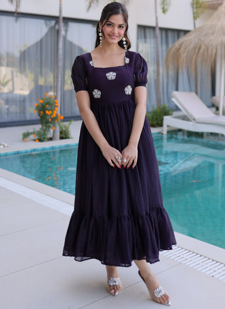 Dark Purple Embroidered Silk Party Wear Gown
