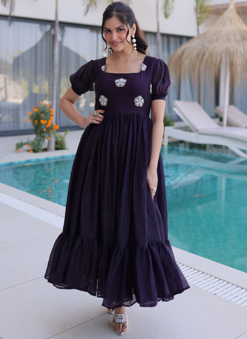 Dark Purple Embroidered Silk Party Wear Gown