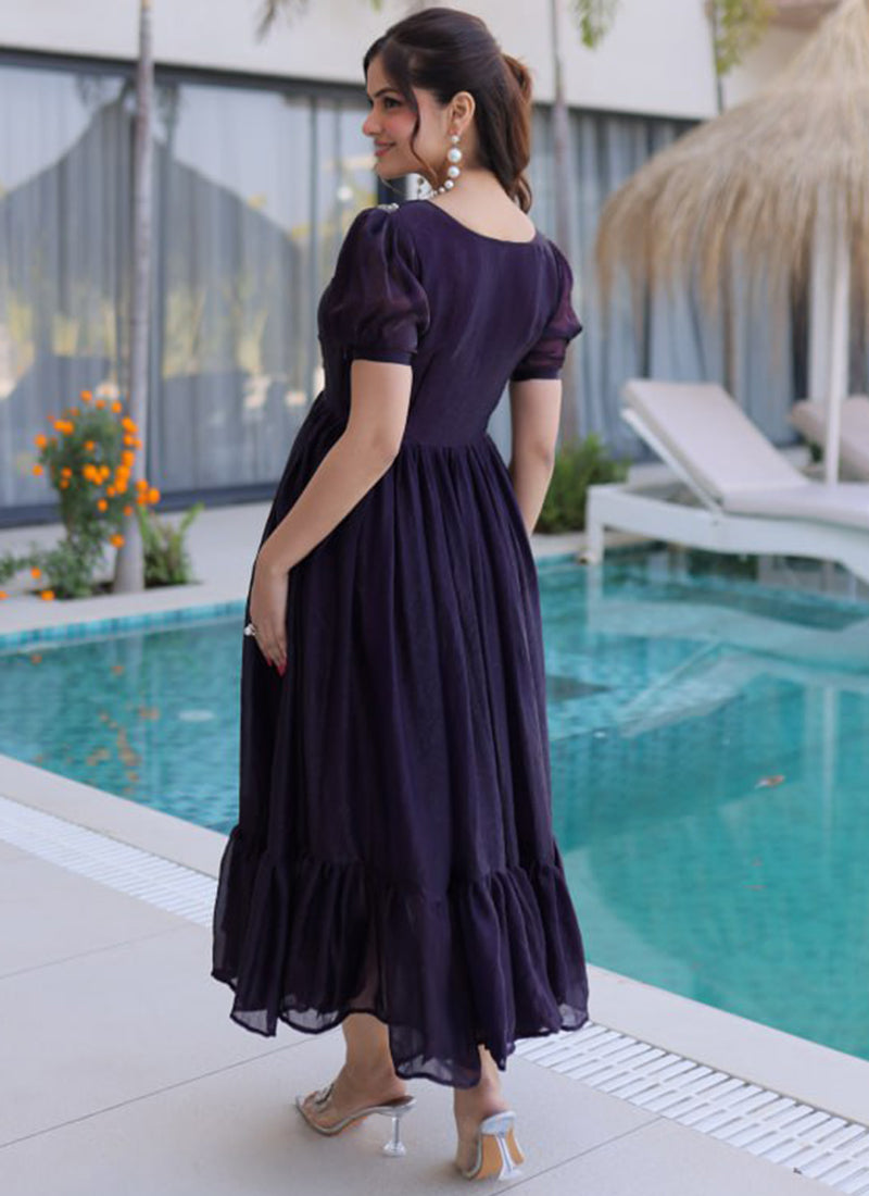 Dark Purple Embroidered Silk Party Wear Gown