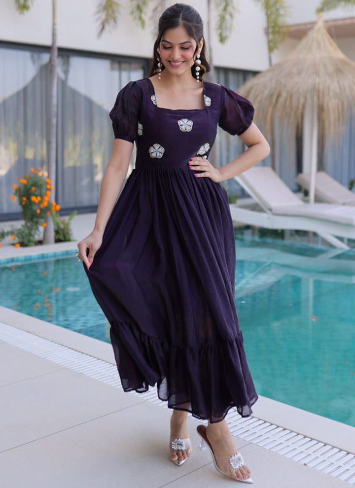 Dark Purple Embroidered Silk Party Wear Gown