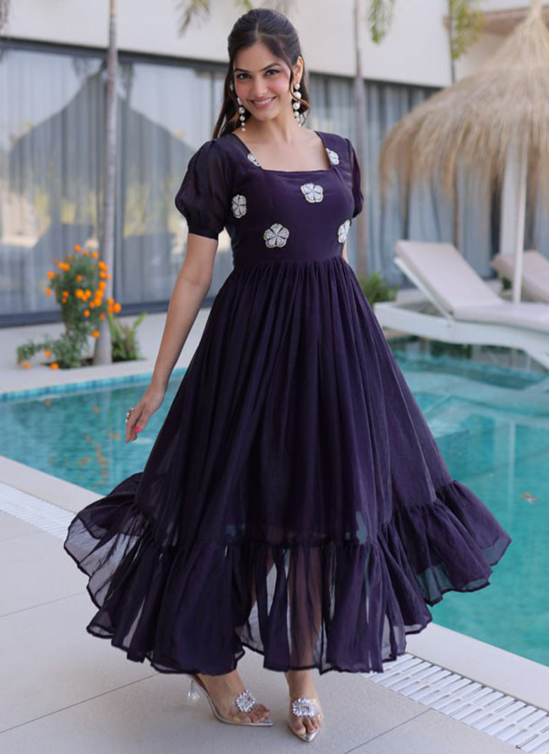 Dark Purple Embroidered Silk Party Wear Gown