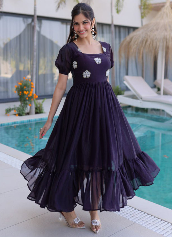 Dark Purple Embroidered Silk Party Wear Gown
