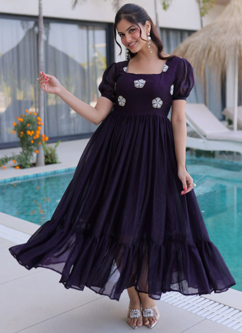 Dark Purple Embroidered Silk Party Wear Gown