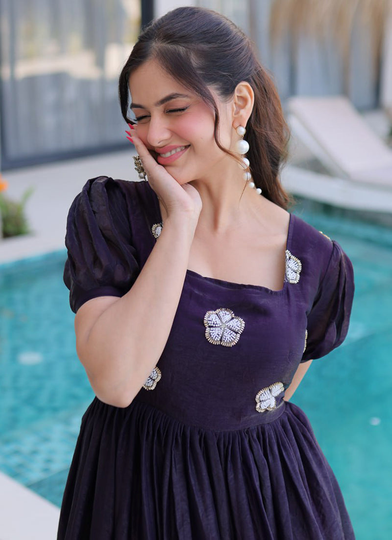 Dark Purple Embroidered Silk Party Wear Gown
