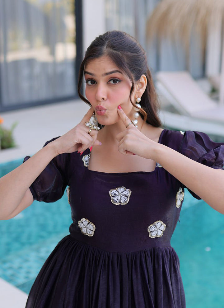 Dark Purple Embroidered Silk Party Wear Gown