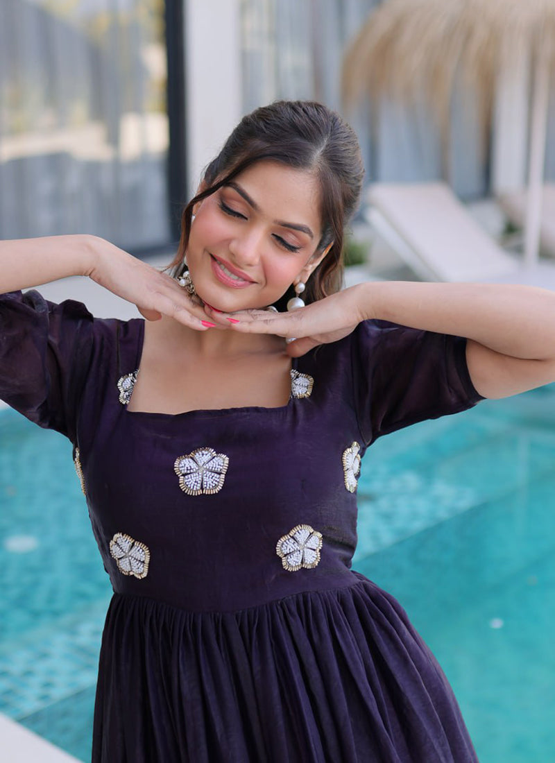 Dark Purple Embroidered Silk Party Wear Gown