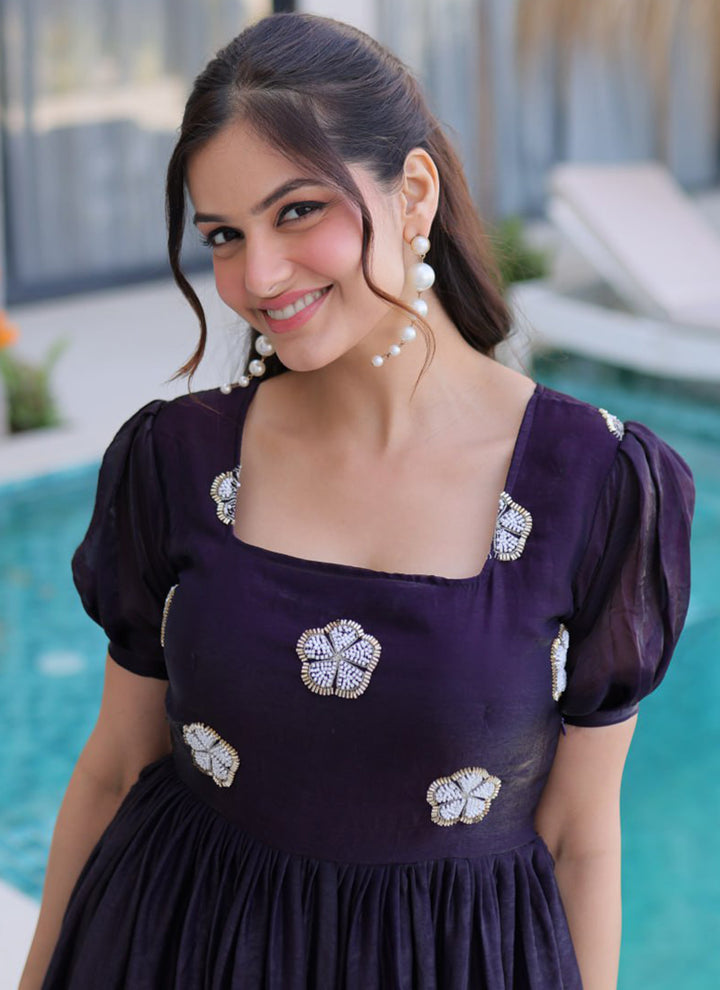 Dark Purple Embroidered Silk Party Wear Gown