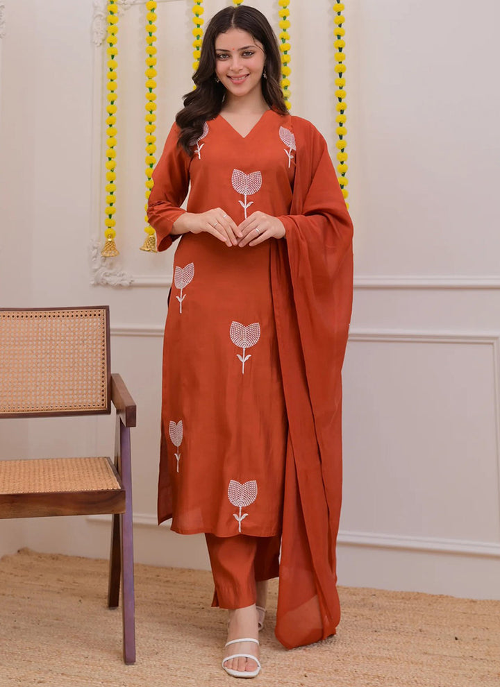 Orange Tesla Lotus Embroidered Festive Kurta Set