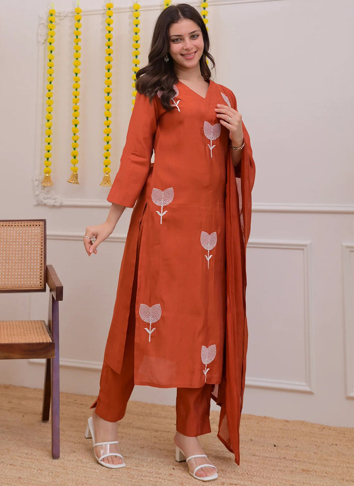 Orange Tesla Lotus Embroidered Festive Kurta Set