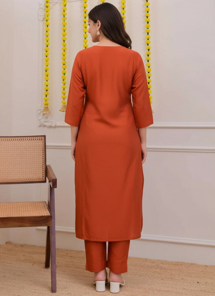 Orange Tesla Lotus Embroidered Festive Kurta Set